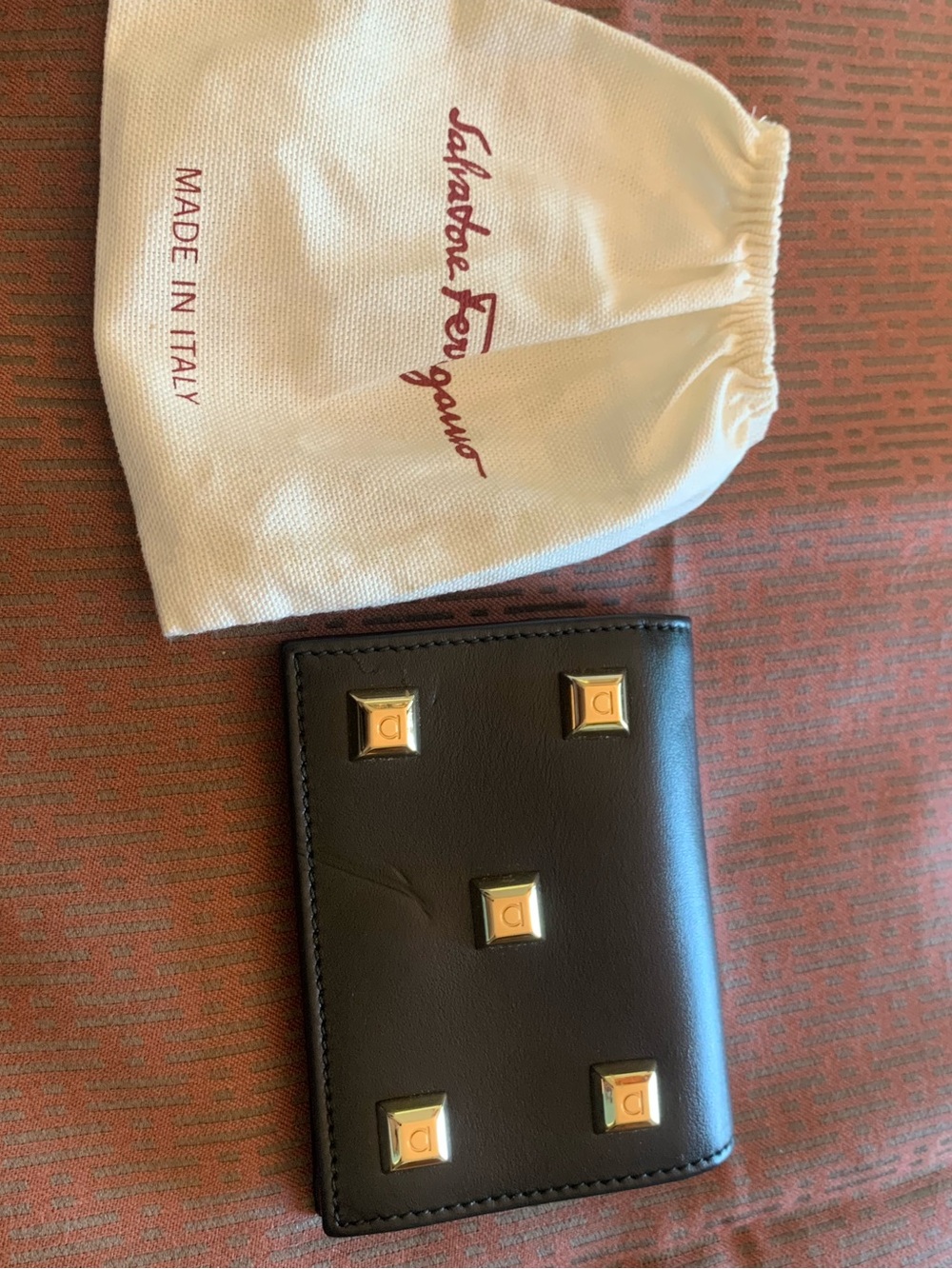 Salvatore Ferragamo Black Leather Card Holder with Gold Square Studs